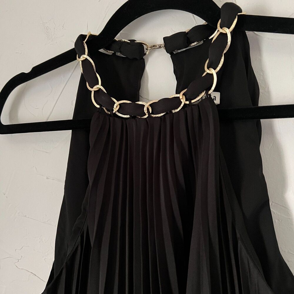 Alice + Olivia Alycia Black Pleated Chain Neck Halter Top Gold Chain Fits Like S - Picture 9 of 11